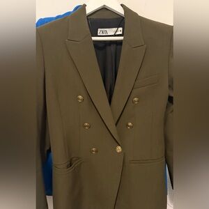 Zara Khaki Double-Breasted Blazer with Gold Buttons